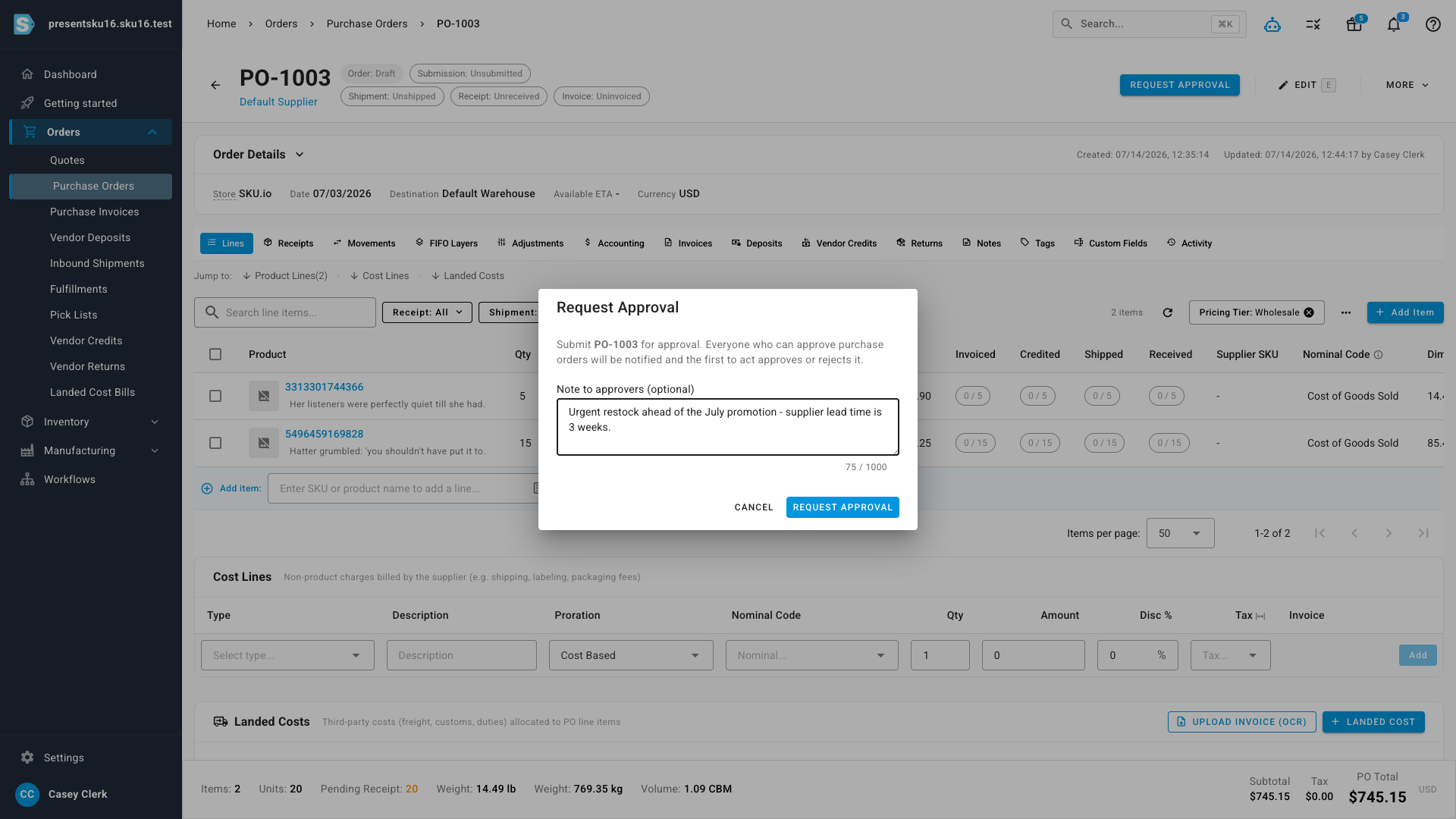 The Request Approval dialog with an optional note to approvers