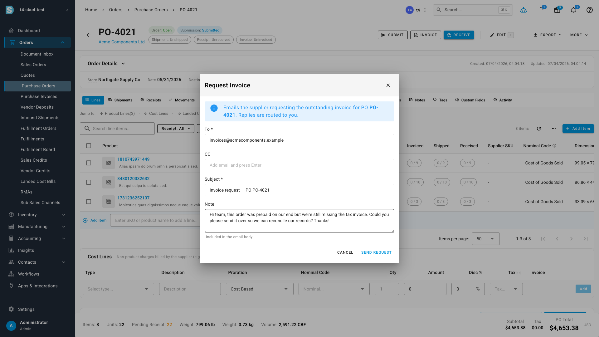 The Request Invoice dialog on a purchase order, pre-filled with the supplier's email, subject line, and an editable note
