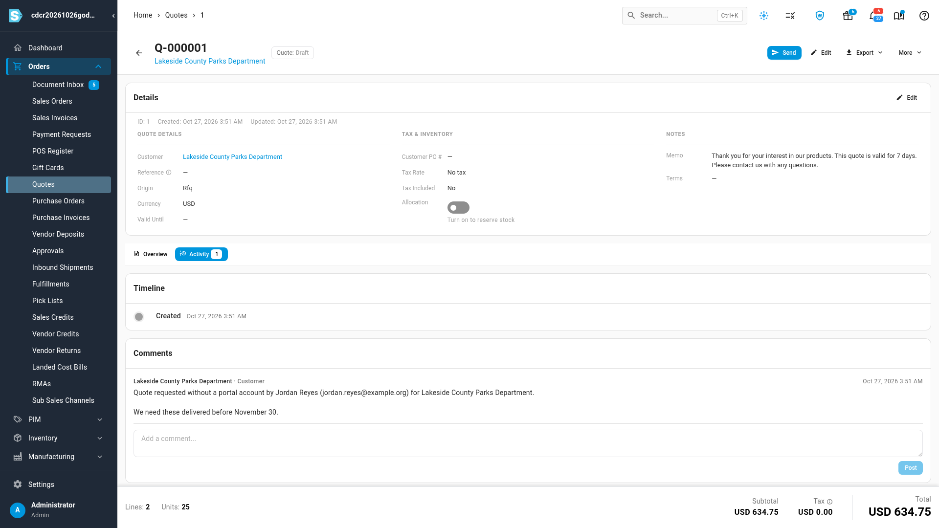 The buyer's note on the quote's Activity tab