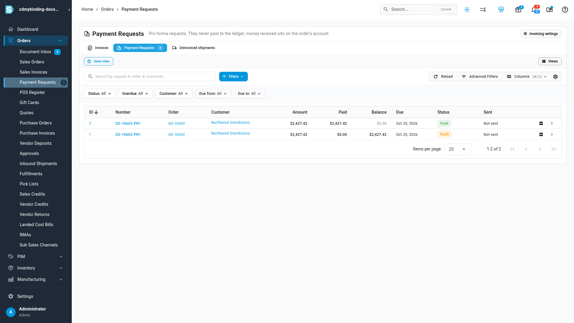 The Payment Requests list