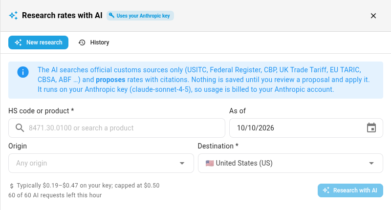 The research drawer with a key: what the AI searches, the HS code and route, and the cost estimate