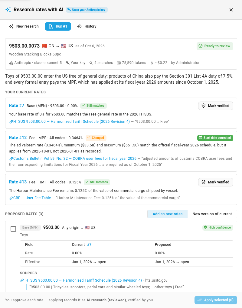 A research run: the toy base rate still matches, and the processing fee rate changed only in its start date
