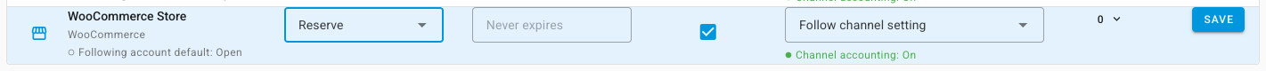 A WooCommerce row set to Reserve, with the Reservation Expiry field showing Never expires