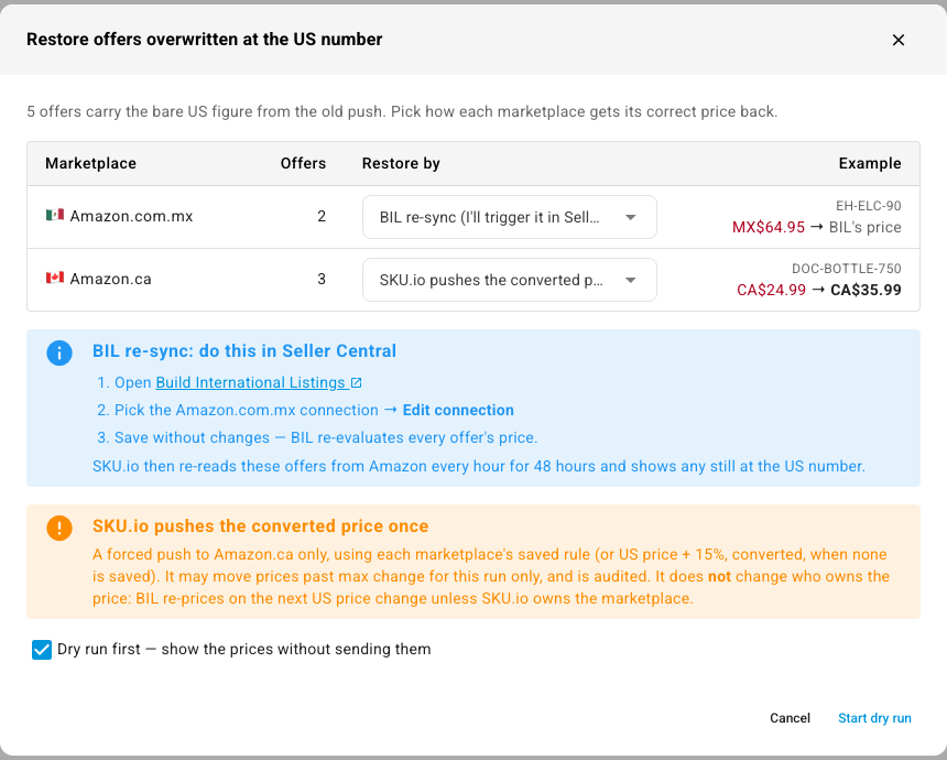 The Restore offers overwritten at the US number dialog