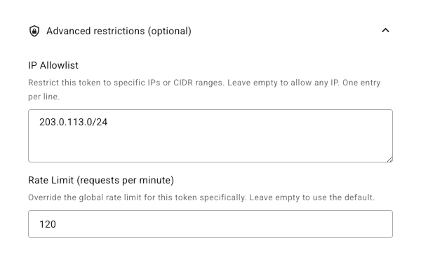 The Advanced restrictions panel with an IP allowlist entry and a 120 requests-per-minute rate limit