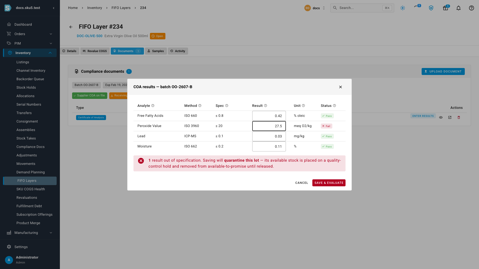 Entering COA results, with one analyte showing Fail and a warning that saving will quarantine the lot