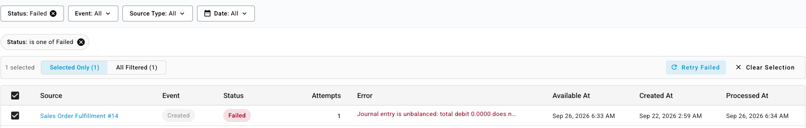 Retry Failed on the bar that appears when rows are selected