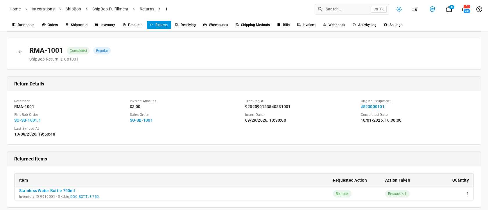 A completed return showing Return Details with links to the original shipment, ShipBob order, and sales order, and a returned bottle restocked