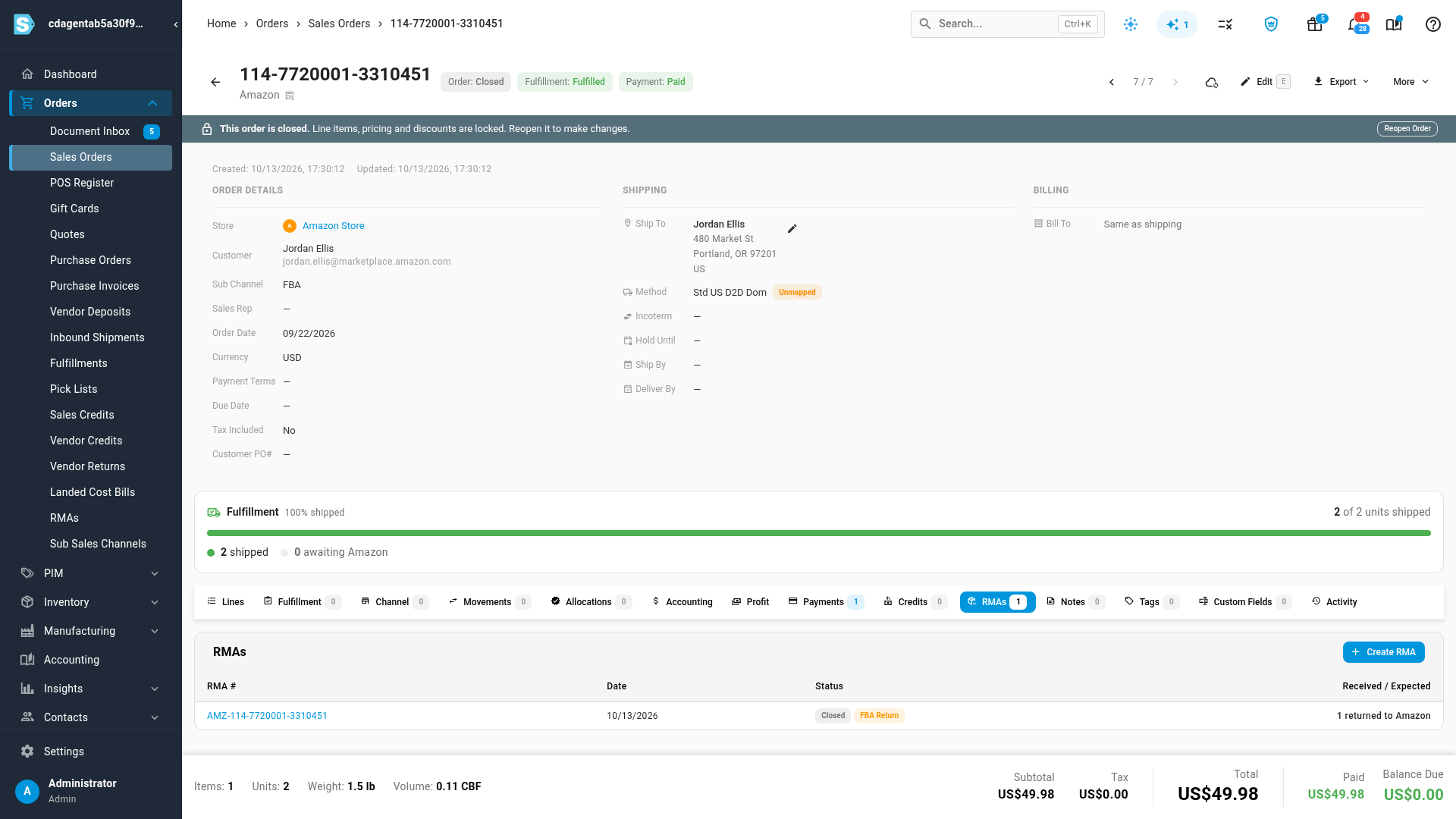 The closed RMA SKU.io recorded for an FBA return