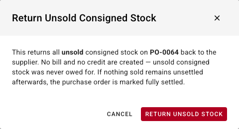 The Return Unsold Consigned Stock confirmation