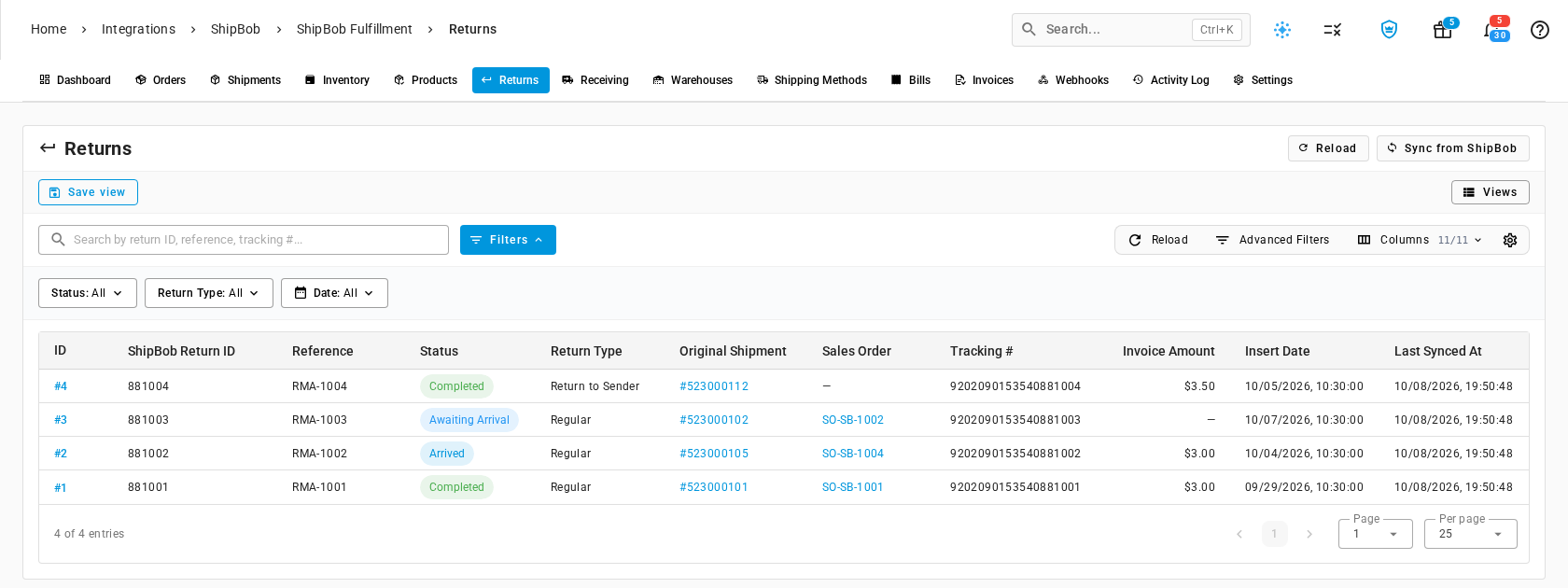 The Returns tab listing four ShipBob returns with their status, type, tracking number, and fee