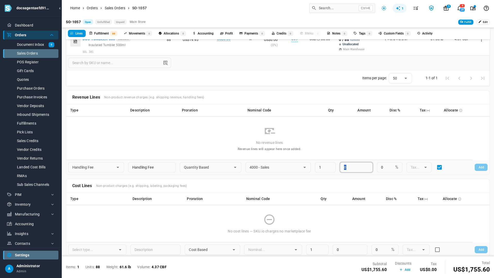 A sales order revenue line with the type picked and its proration, nominal code and allocation filled in