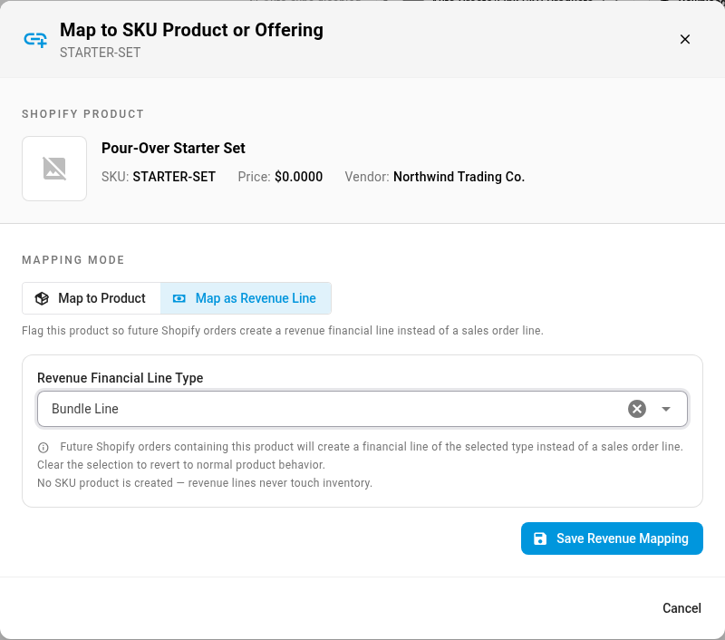 The mapping window in Map as Revenue Line mode, with Bundle Line chosen