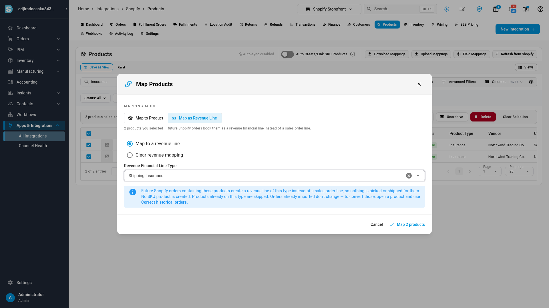 The Map Products window in Map as Revenue Line mode, with Shipping Insurance chosen