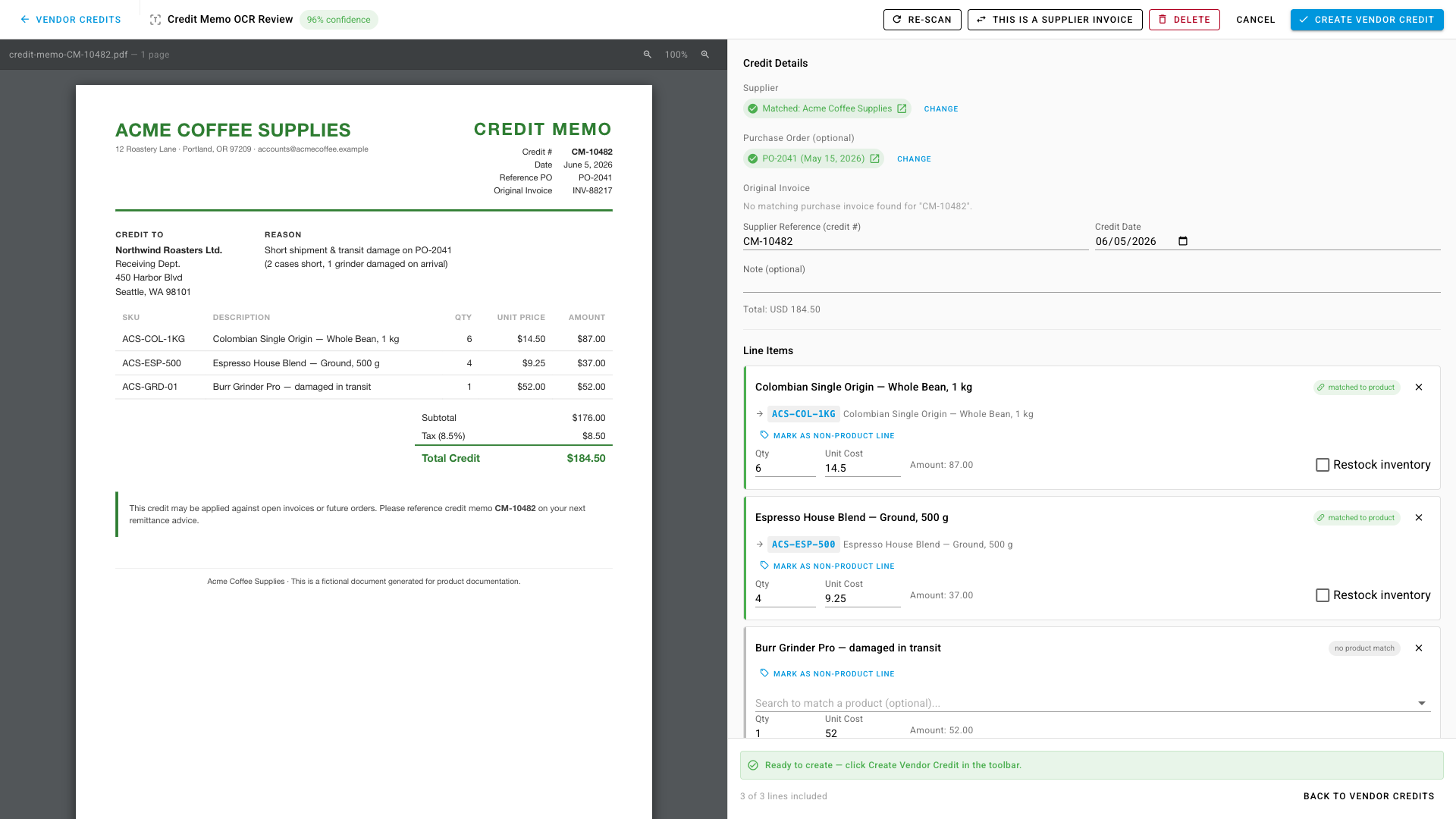 The credit memo review screen — original PDF on the left, extracted and matched details on the right