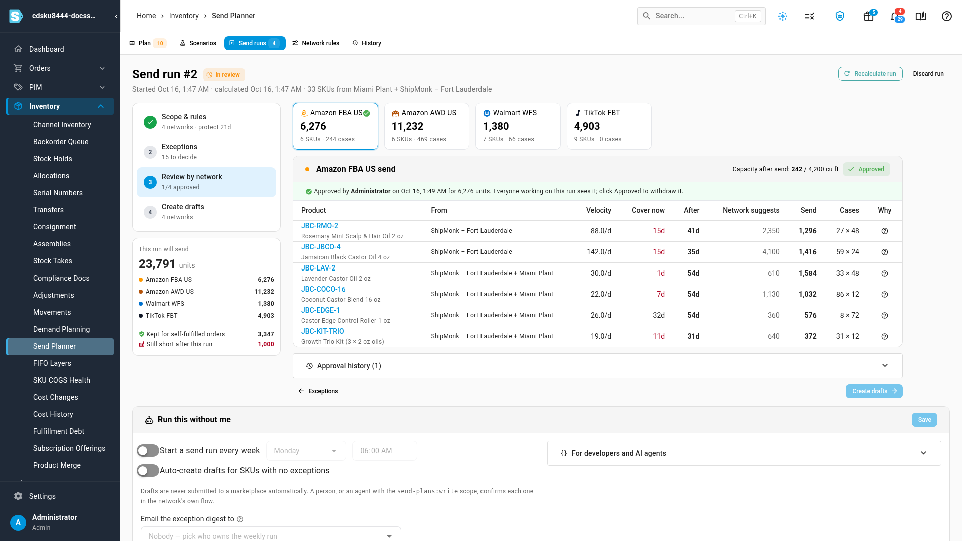A send run's Review by network step, where you approve each network's send