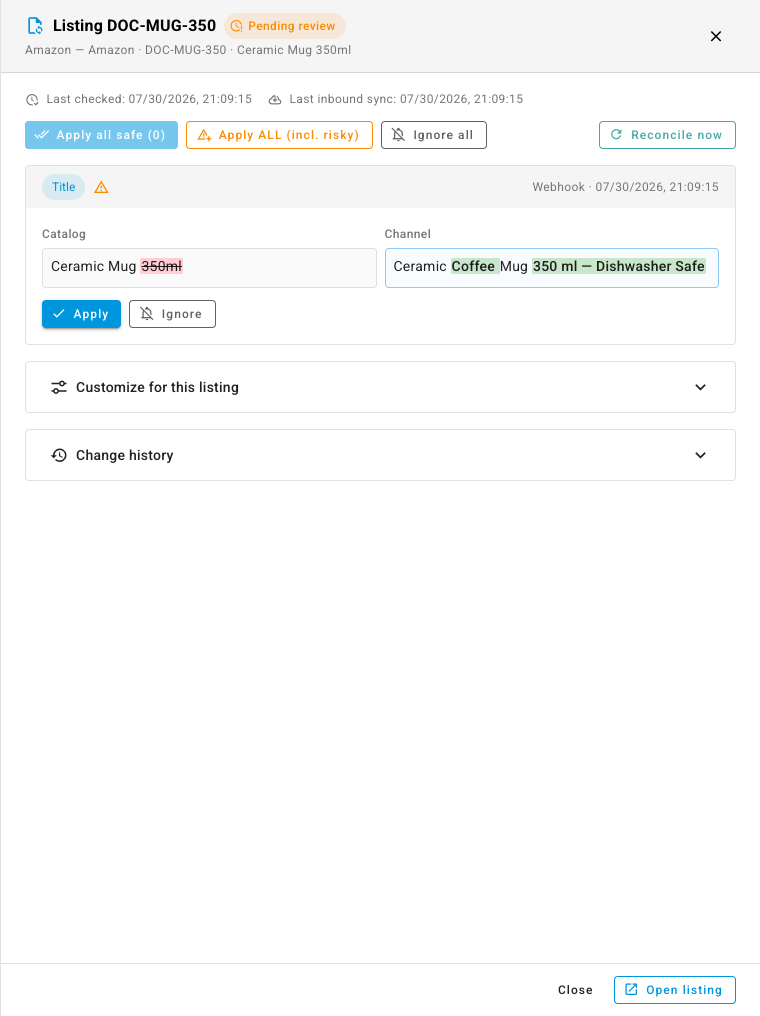 The review drawer — catalog and channel values side by side with Apply and Ignore per change