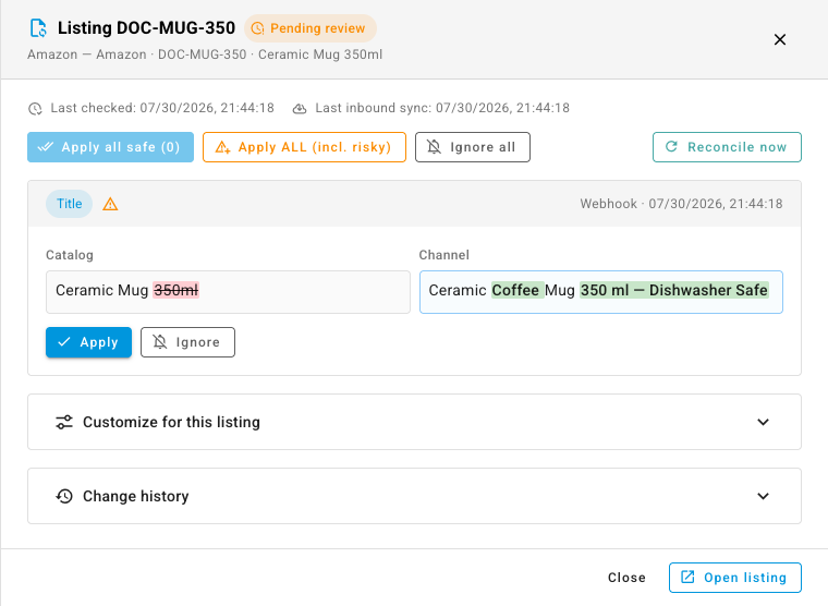 The review drawer showing the catalog title beside the incoming channel title, with the changed words highlighted and Apply and Ignore buttons