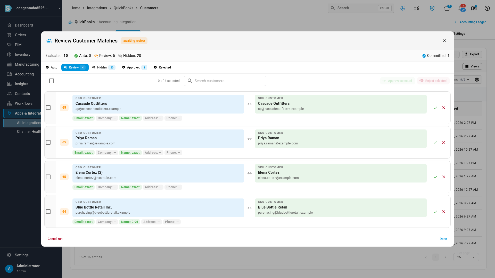 Review Customer Matches on the Review group, with cards pairing QuickBooks and SKU.io customers