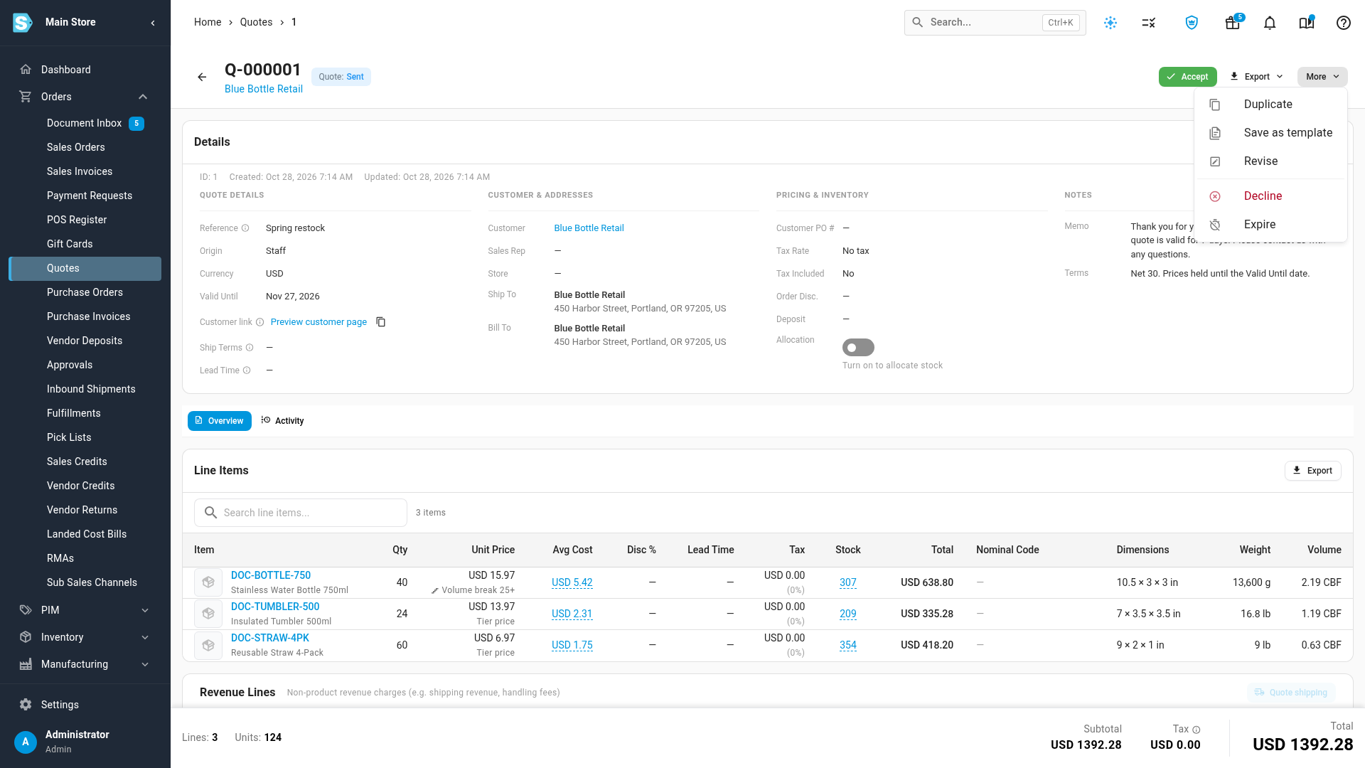 The More menu open on a sent quote, listing Duplicate, Save as template, Revise, Decline and Expire