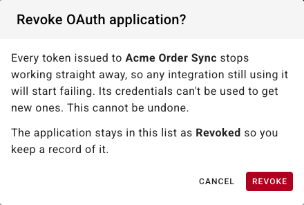 The Revoke OAuth application confirmation dialog naming the application, with Cancel and Revoke buttons