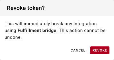 The Revoke token confirmation, warning that this will immediately break any integration using the token