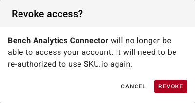 The Revoke access confirmation dialog naming the app, with Cancel and Revoke buttons