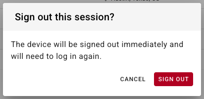 The Sign out this session dialog explaining the device will be signed out immediately, with Cancel and Sign Out buttons
