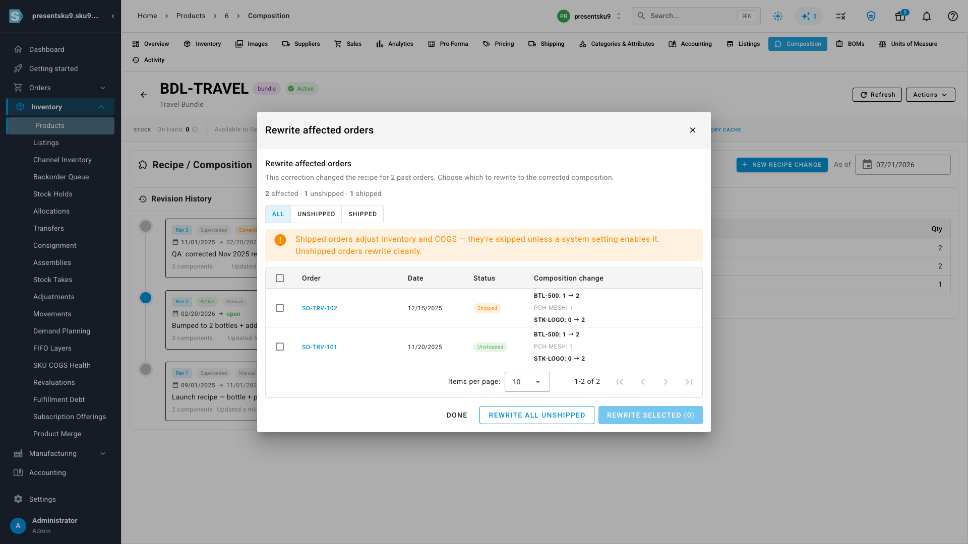 The affected-orders step after a back-dated bundle correction, listing the orders in that window with their status and a before-to-after change for each component
