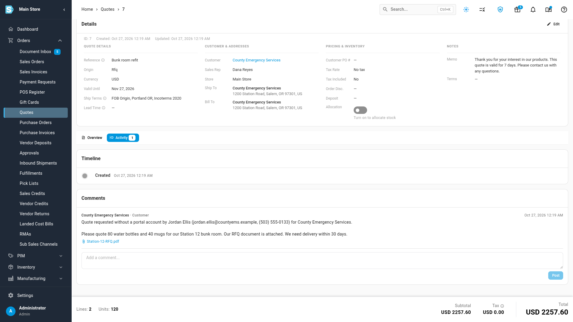 A buyer's opening message under Comments on the Activity tab, with the paperclip link to their attached Station-12-RFQ.pdf