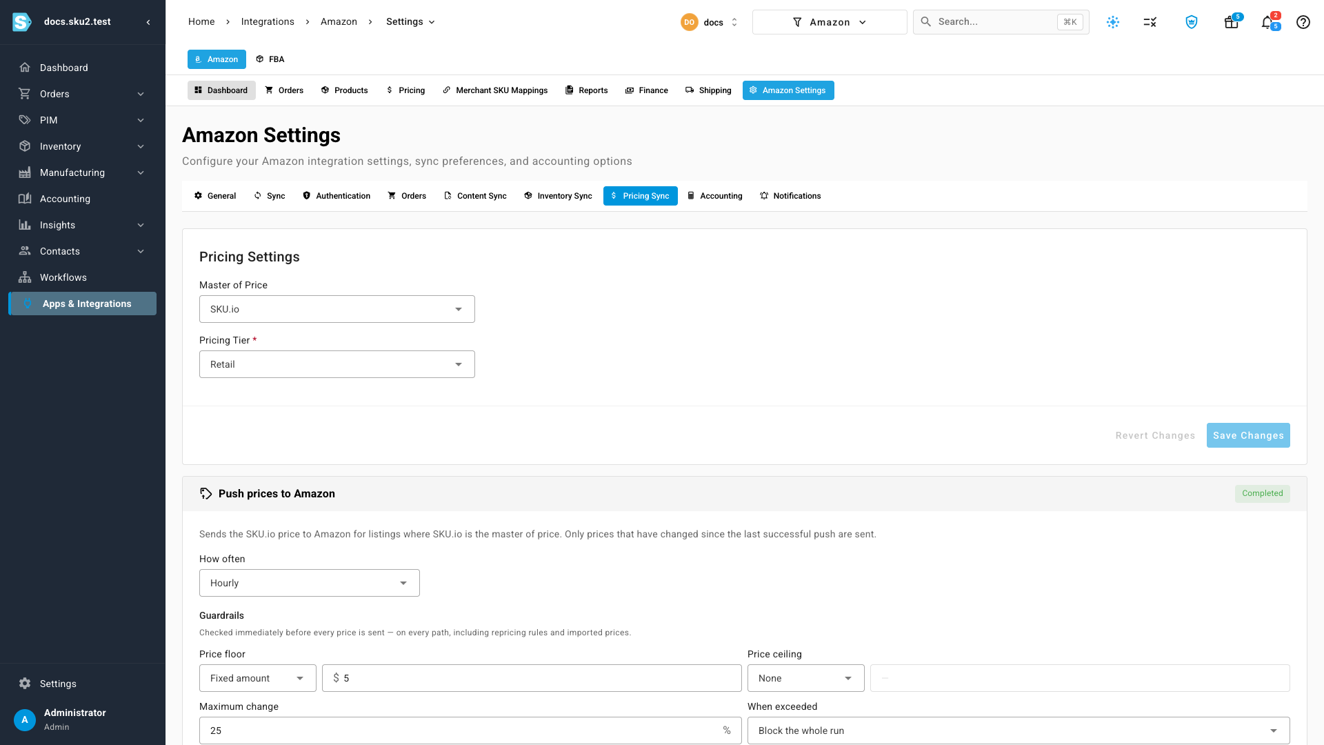 The Pricing Sync tab, showing Master of Price set to SKU.io, the pricing tier, the push cadence, and guardrails with a $5.00 price floor and a 25% maximum change