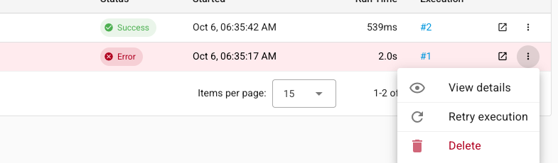 A row's menu with View details, Retry execution, and Delete