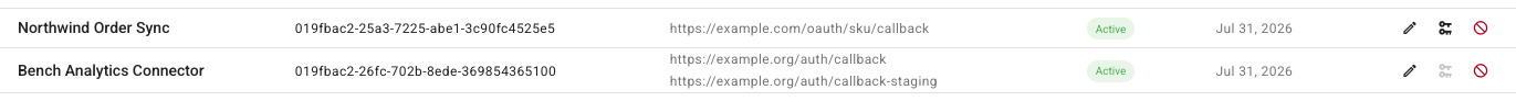 Two application rows with the edit, rotate, and revoke icons at the end of each