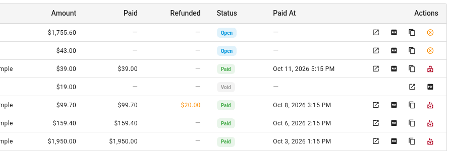 The row buttons of an open invoice: Open hosted invoice, Download PDF, Copy hosted invoice URL and Void invoice
