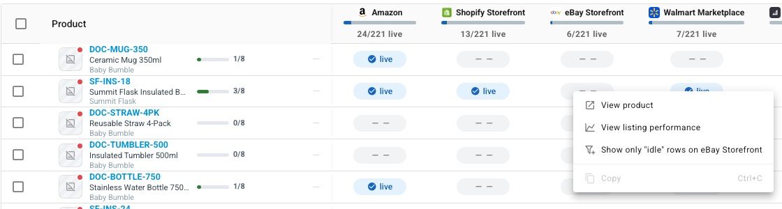 The right-click menu on a Publish matrix row, with View listing performance