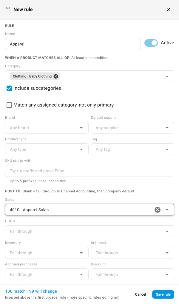 The rule editor: a category condition, a sales account, and the live preview showing 100 products match and 99 will change