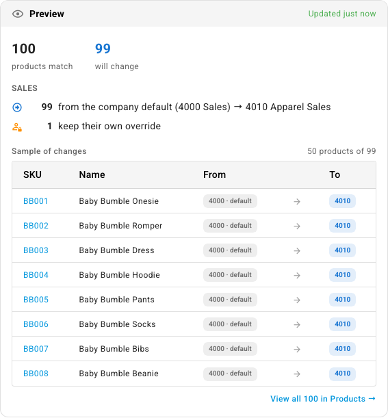 The preview: matching products, how many will change, and a sample of changes