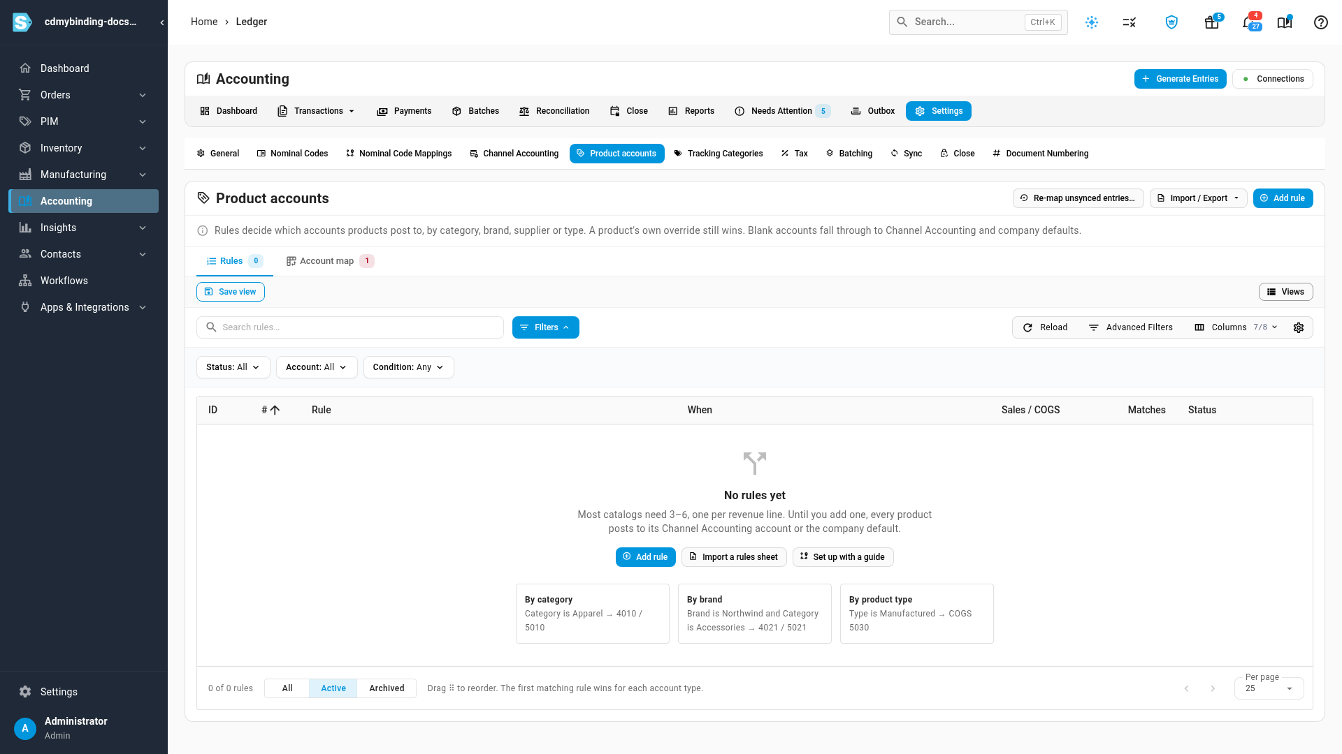 The Product accounts page before any rules are added