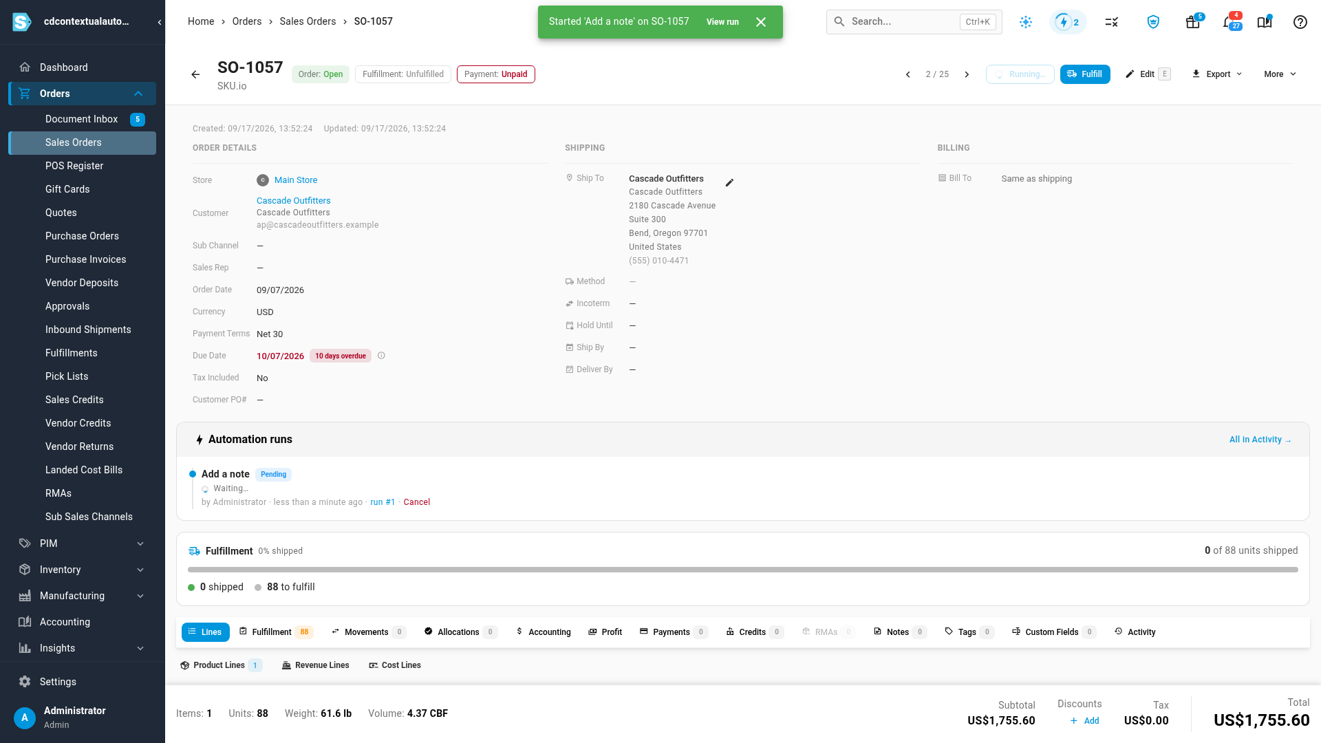 A message saying the run started, and the run listed as Pending under Automation runs