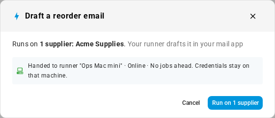 The run dialog saying the job goes to runner Ops Mac mini, which is online