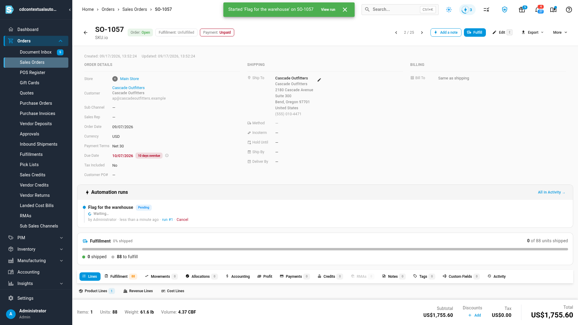 A message saying the run started, and the run listed as Pending under Automation runs
