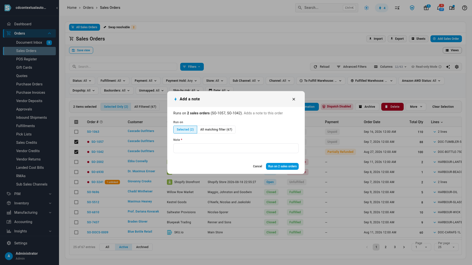 The run dialog for Add a note on 2 sales orders, with Selected and All matching filter options