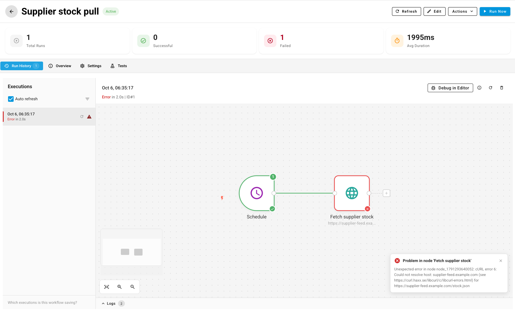Run History with one failed run selected, the failed step outlined in red, and an error summary in the corner