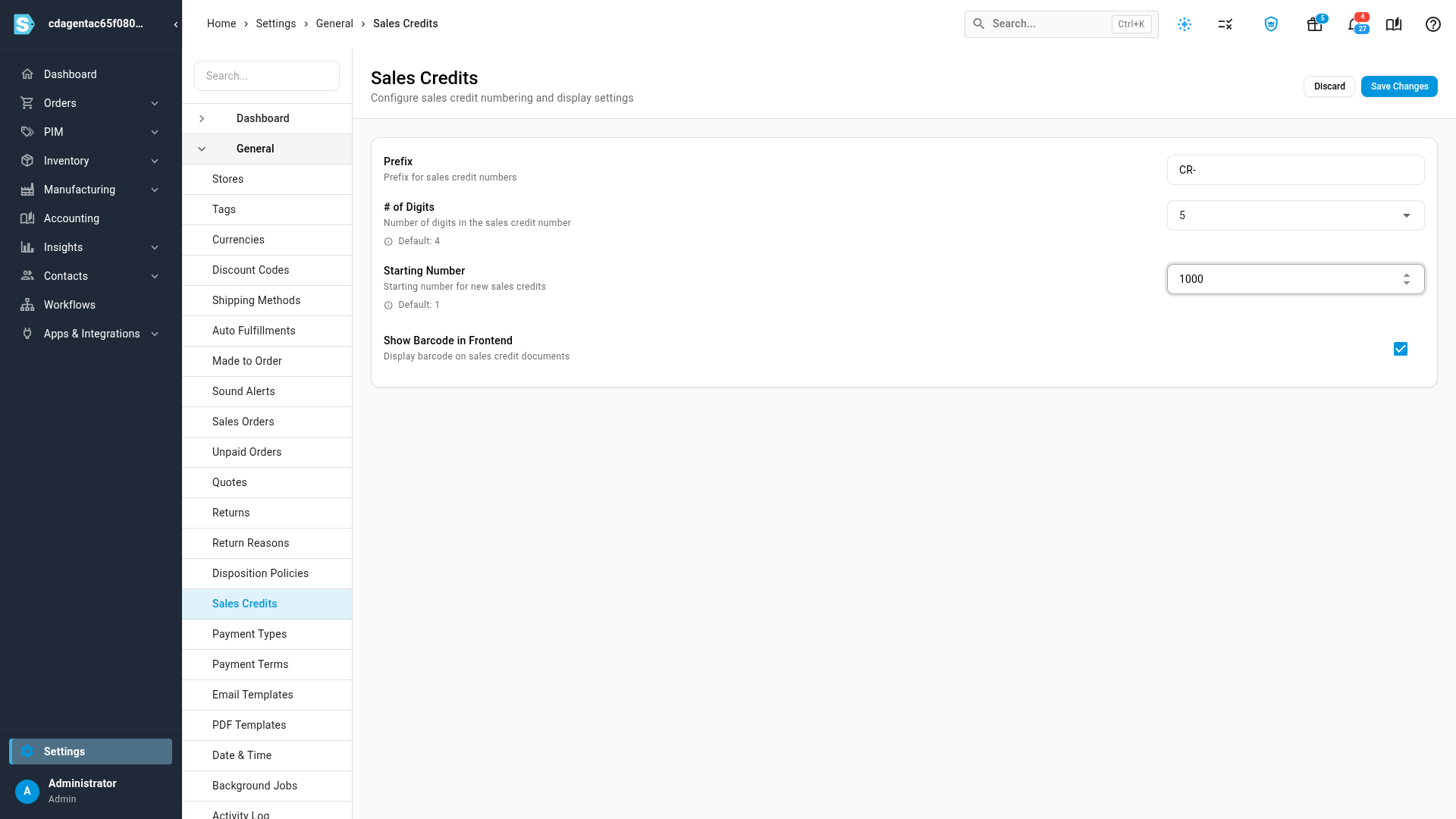 Sales credit numbering set to the prefix CR-, 5 digits and a starting number of 1000