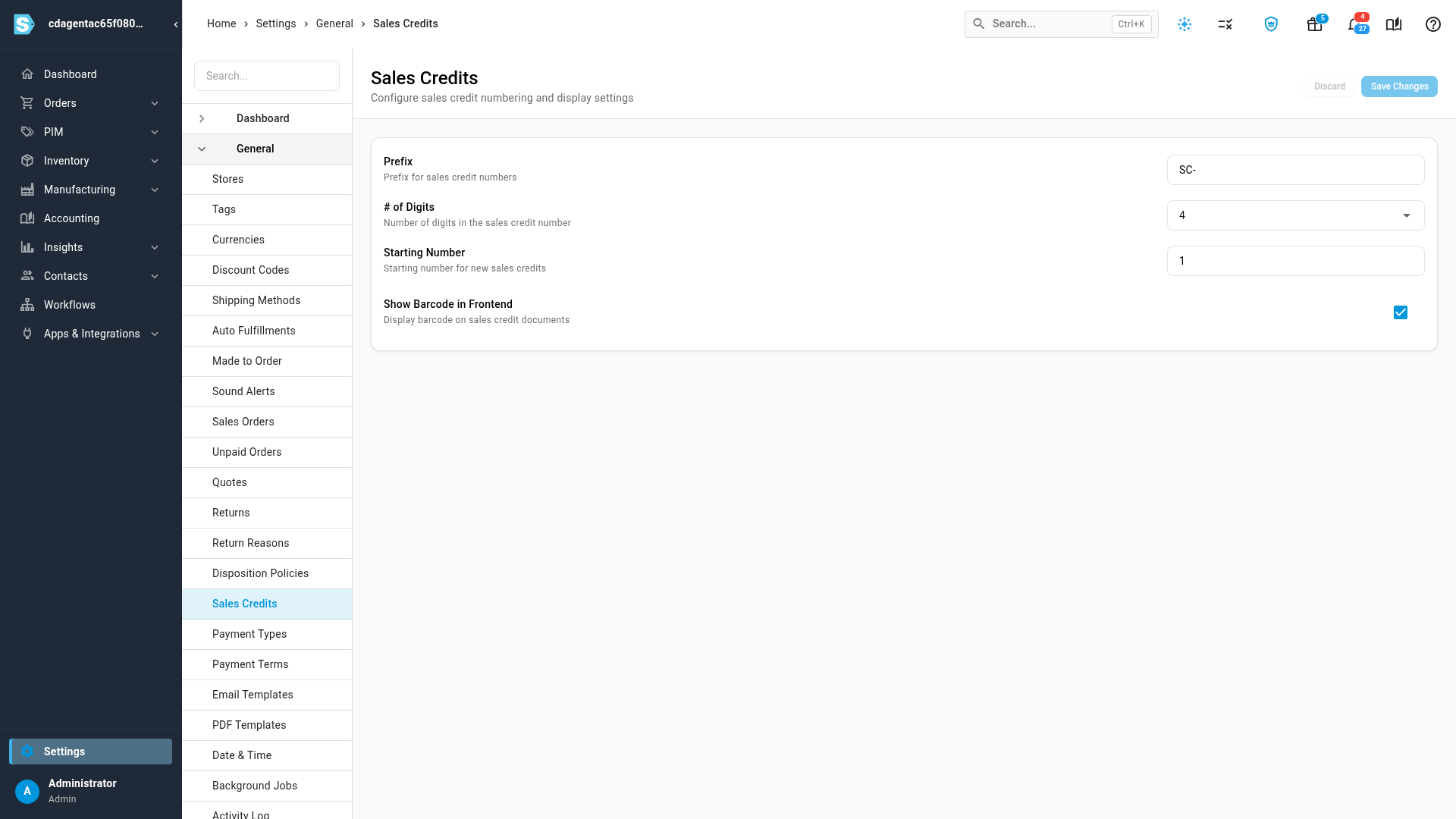 The Sales Credits settings: Prefix, # of Digits and Starting Number