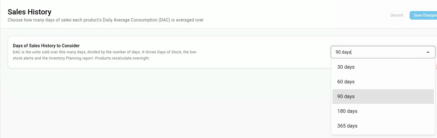 The open list of windows, from 30 days to 365 days