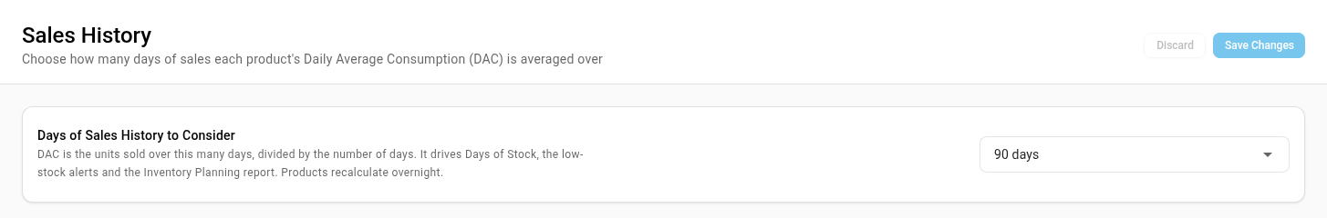 The Sales History settings page with the Days of Sales History to Consider field set to 90 days