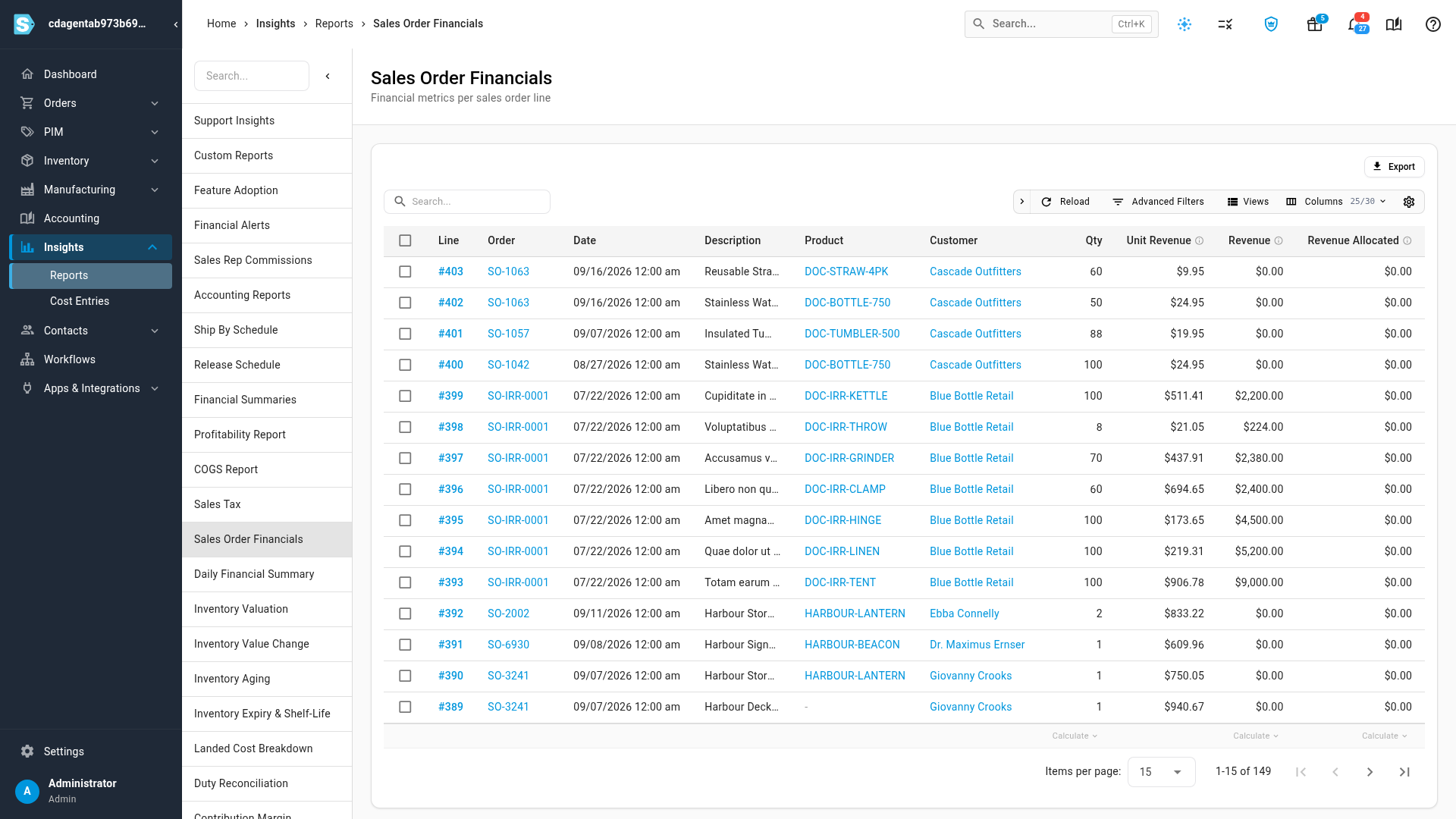 The Sales Order Financials list