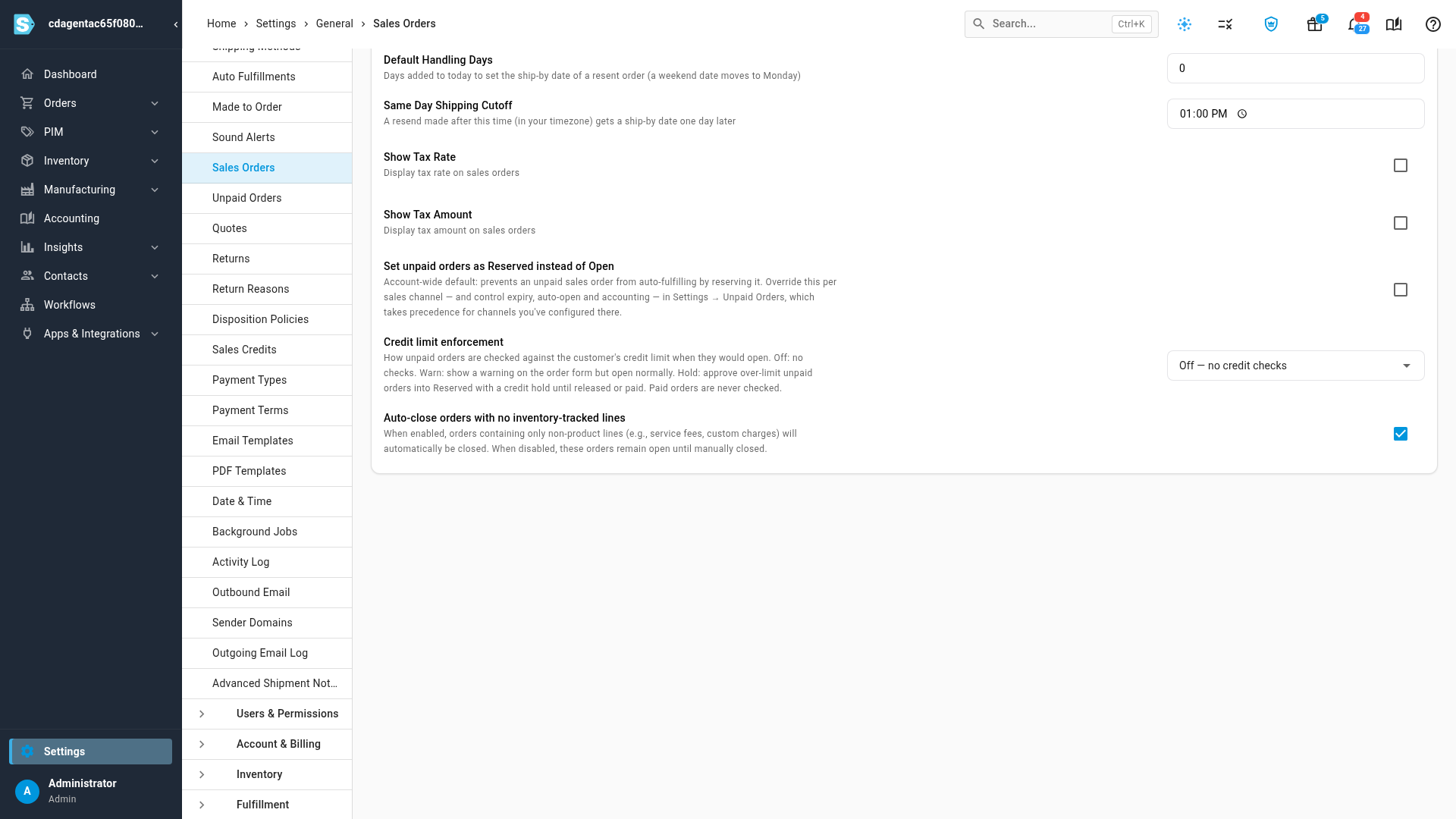The settings for unpaid orders, credit limits and service-only orders