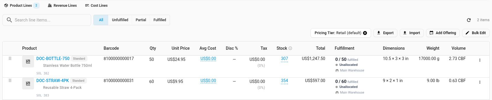 A sales order's lines with the Barcode column